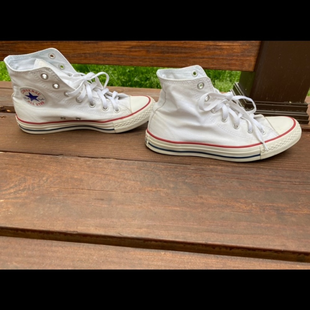 Converse White Canvas Sneakers with Red and Blue Stripes